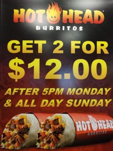 Hot Head Burrito Coupon Discount $15